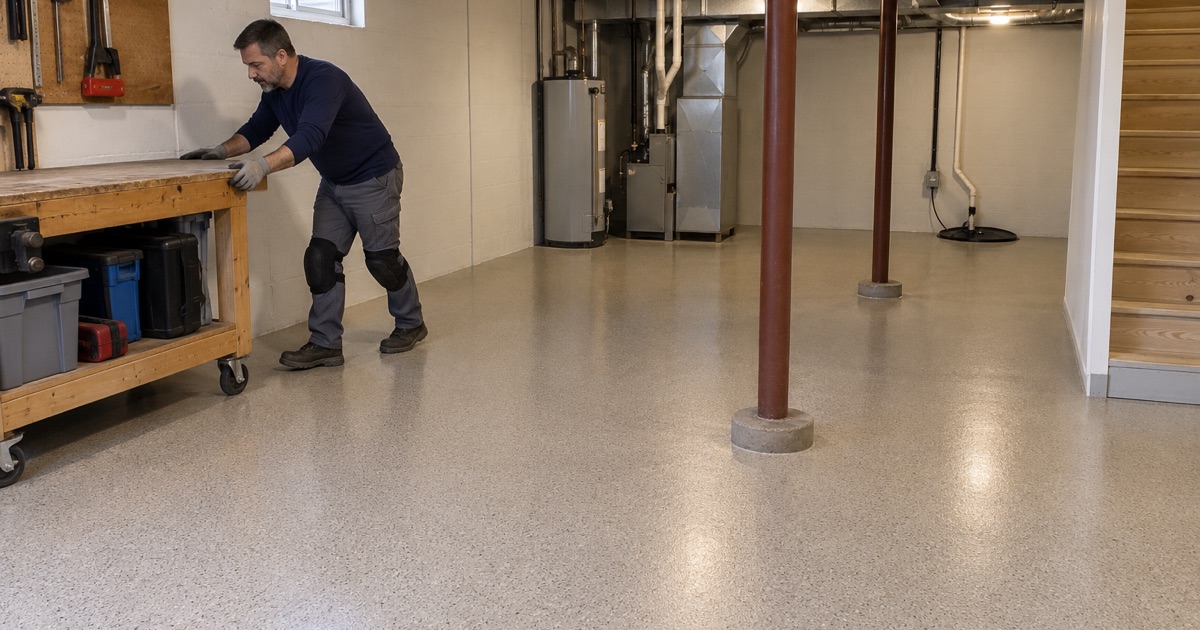 A workbench rolled into place on a newly coated full basement floor in a Tinley Park two-story.
