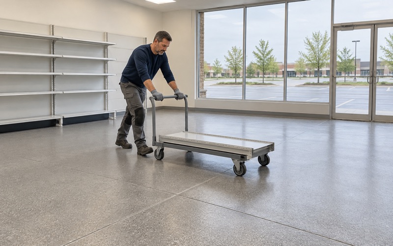 A shelving base rolled onto a new quartz-coated floor in a Tinley Park strip-center tenant suite.