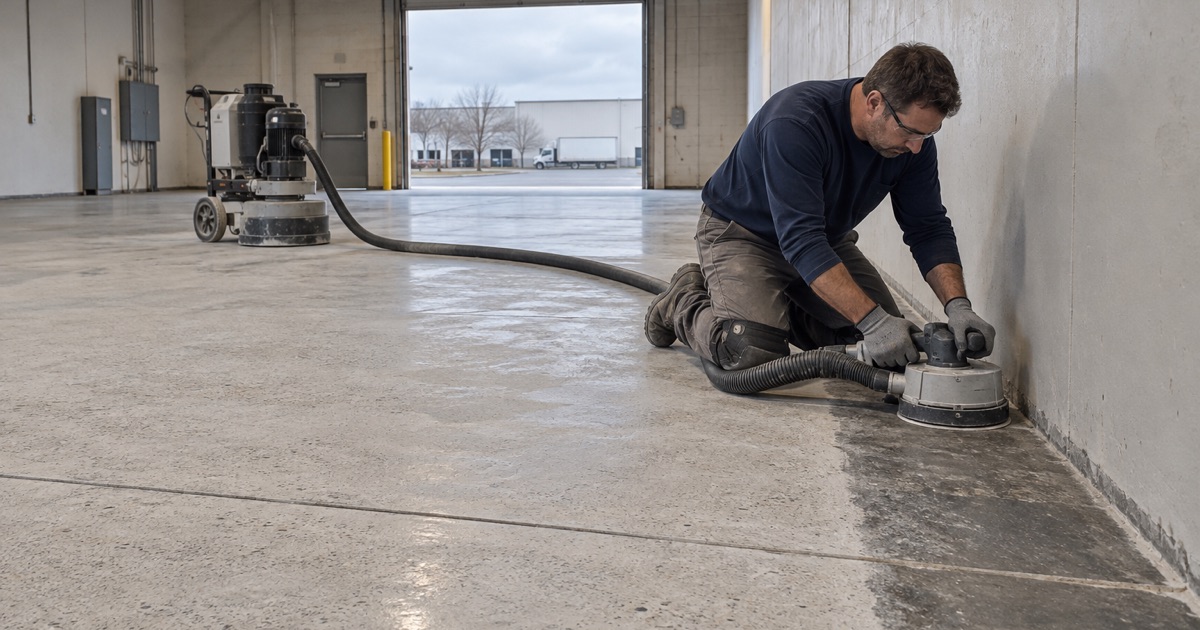 An edge grinder with a vacuum shroud opening up the slab along the wall of a Tinley Park industrial suite.