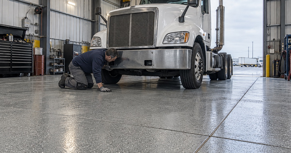 A heavy truck parked nose-in on a coated repair bay in Bridgeview, its exhaust stack pointed out the open door.