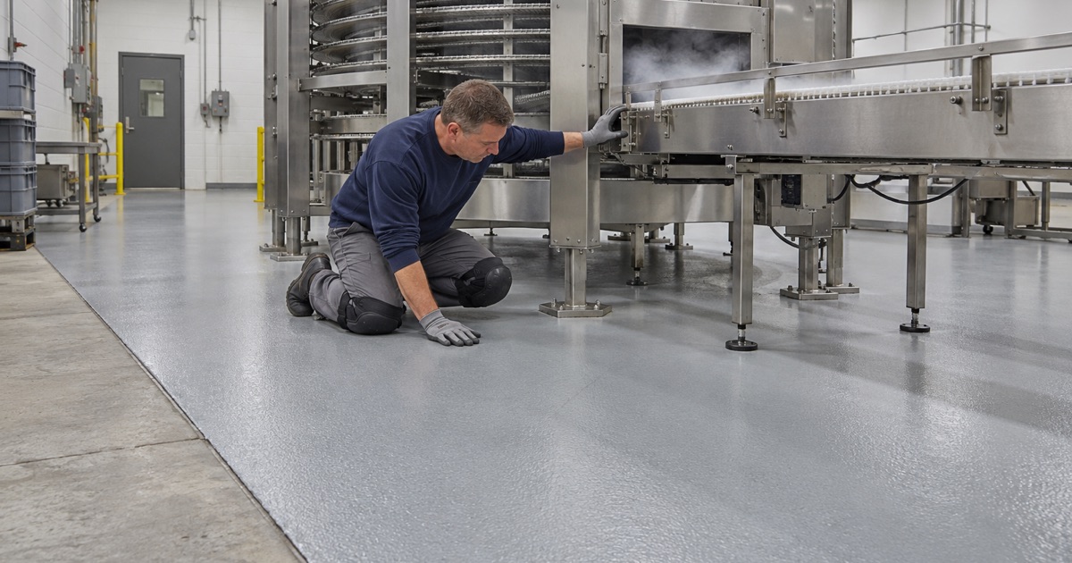 A heavy urethane cement floor keyed in at its edge beneath a cryogenic spiral freezer in a Burr Ridge food lab.