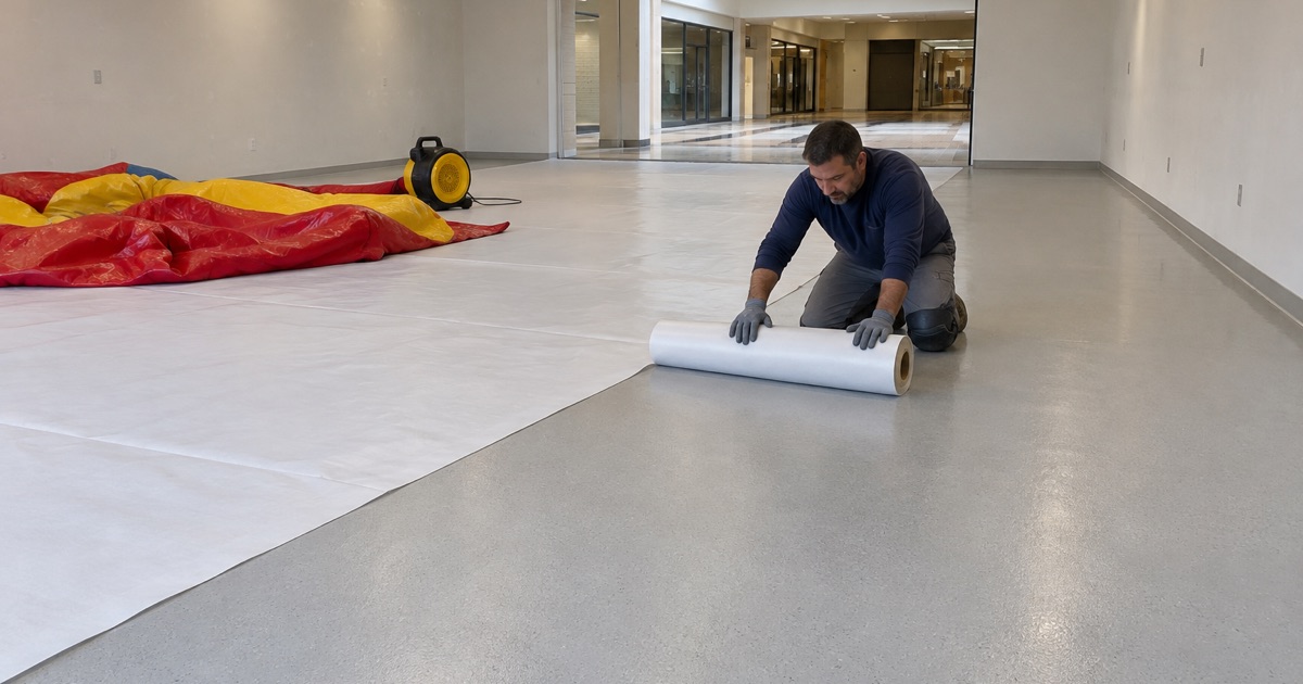A barrier underlay unrolled across a coated store floor in Chicago Ridge before a vinyl inflatable goes down.