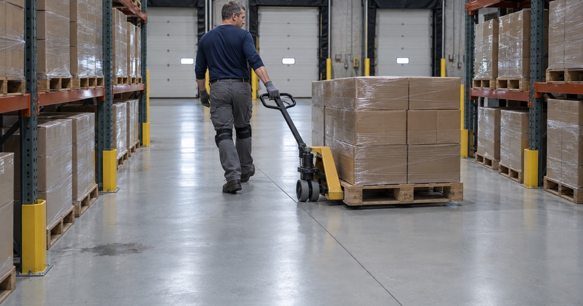 Mixed pallets of wine cases moved across a solvent-free coated floor in a cool Crestwood import warehouse.