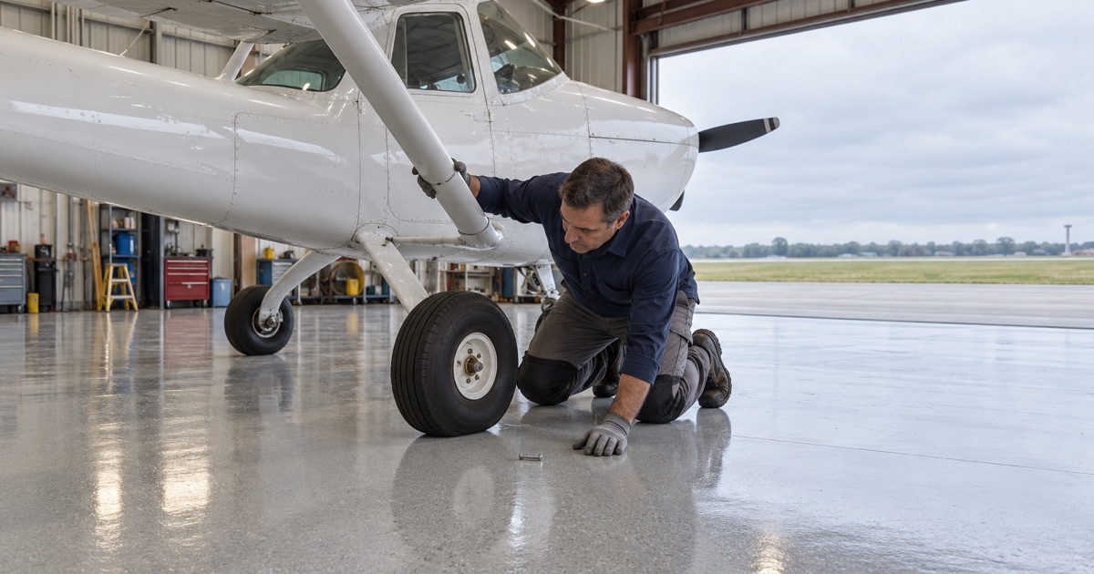 A light, high-gloss coated hangar floor under a single-engine plane at the airport in Griffith, Indiana.