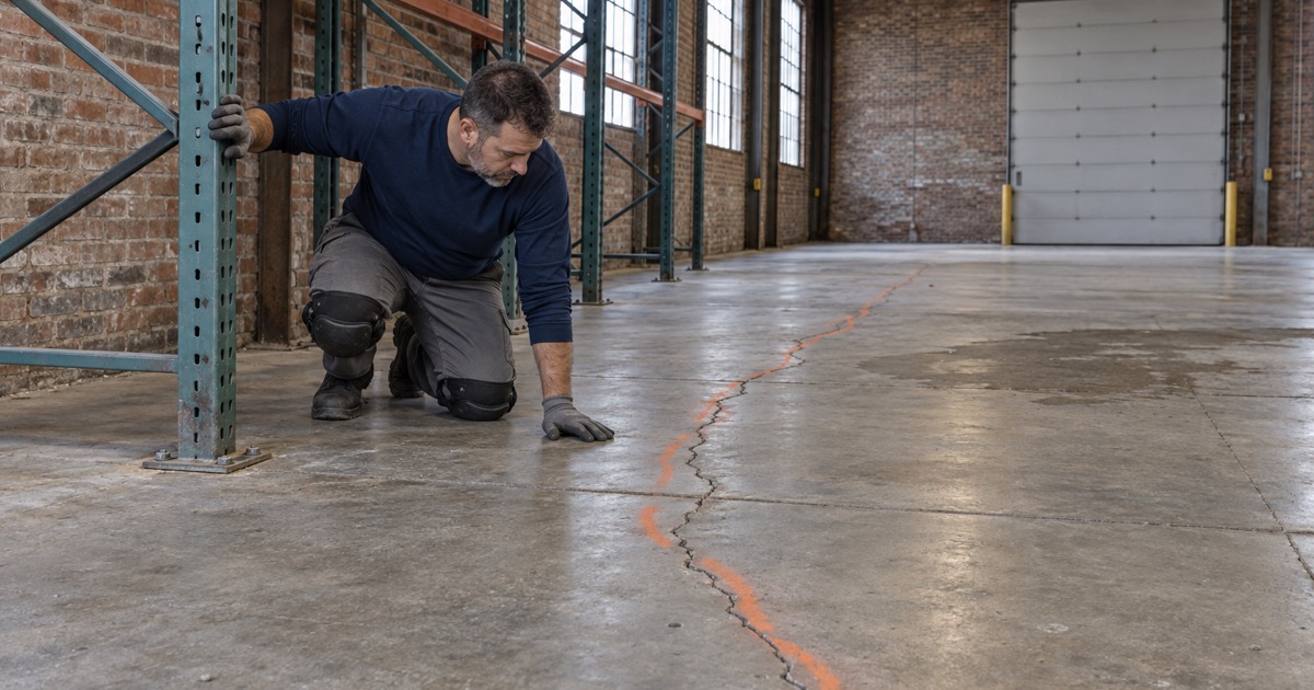 A crack mapped across the bare slab of a vacant Harvey warehouse before any coating is priced.