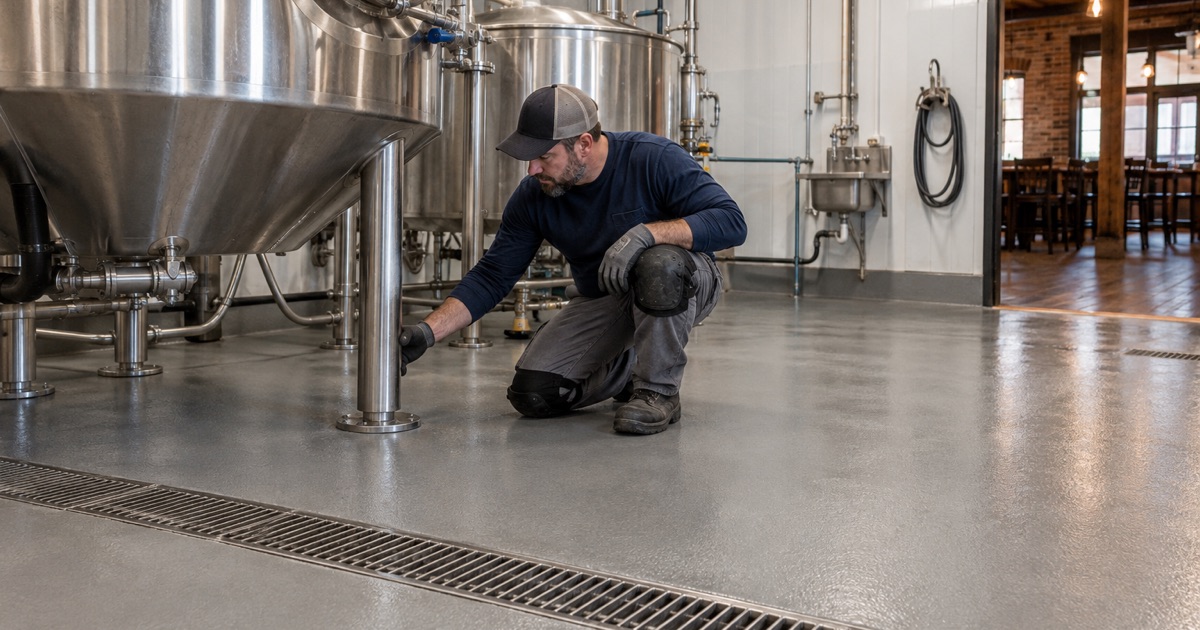 A urethane cement floor coved up to the brew kettle in a Homewood brewpub brewhouse, steam rising off a hot rinse.