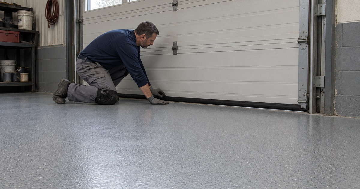 A steel sectional door closed onto the keyed edge of a coated shop floor in Justice, the seal checked on the new surface.