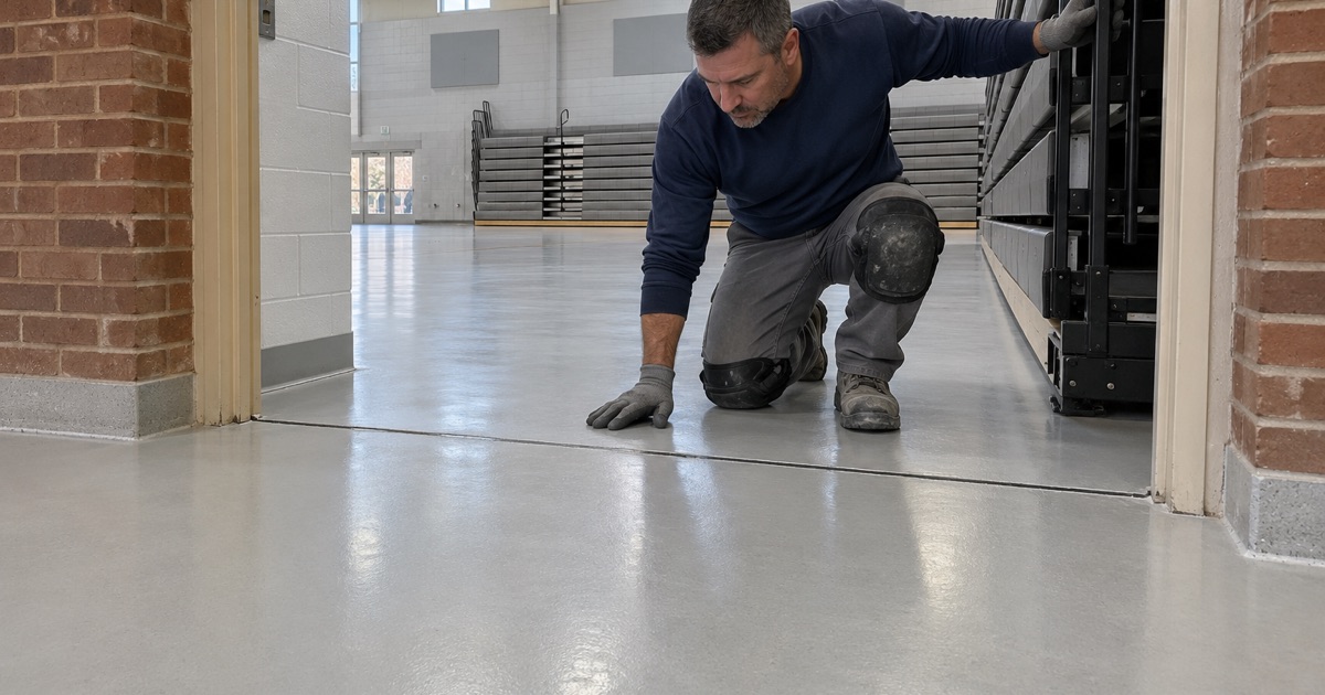 A flexible-filled sawcut joint where a new gym slab meets the old floor at a La Grange Park recreation center.