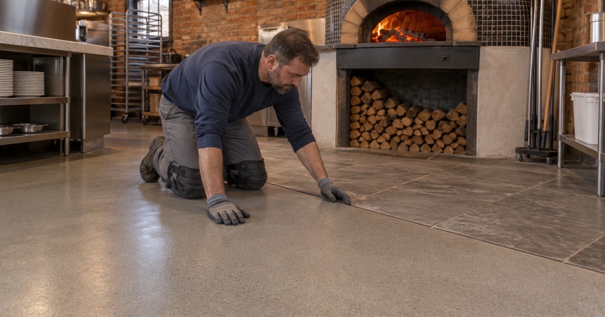 A coated kitchen floor stopping at the stone hearth apron in front of a wood-fired pizza oven in La Grange.