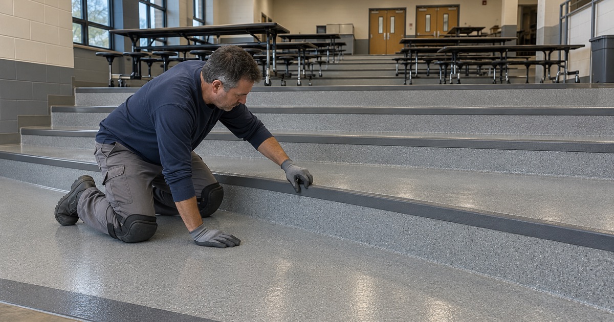 Protected step edges on the stepped cafetorium floor of a Markham junior high, the tiers coated between them.