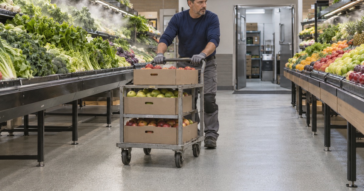 A produce cart pushed along a textured, slip-resistant grocery floor beside the misted produce tables in Mokena.