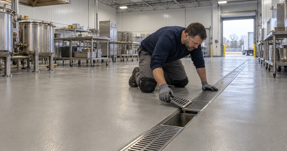 A new kitchen floor sloped to a trench drain inside a former Richton Park roller rink, now a district kitchen.