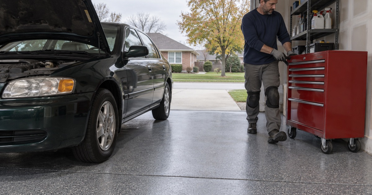 A home mechanic’s coated garage floor in Summit with the fluids kept on a shelf, not on the floor