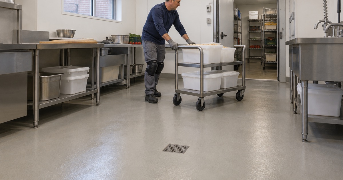 A seamless, coved meat-room floor in Western Springs that washes clean with water to a secured drain