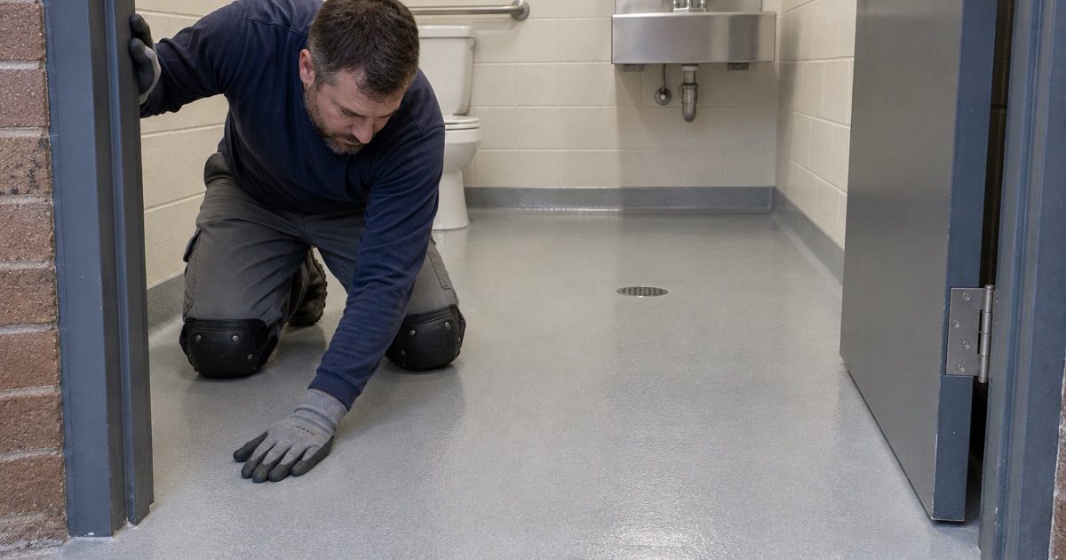 A seamless school restroom floor in Worth with a four-inch integral cove base and no grout line