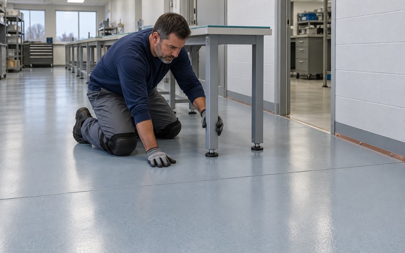 A workbench leveled on a static-dissipative floor in an electronics assembly room near I-80 in Tinley Park.