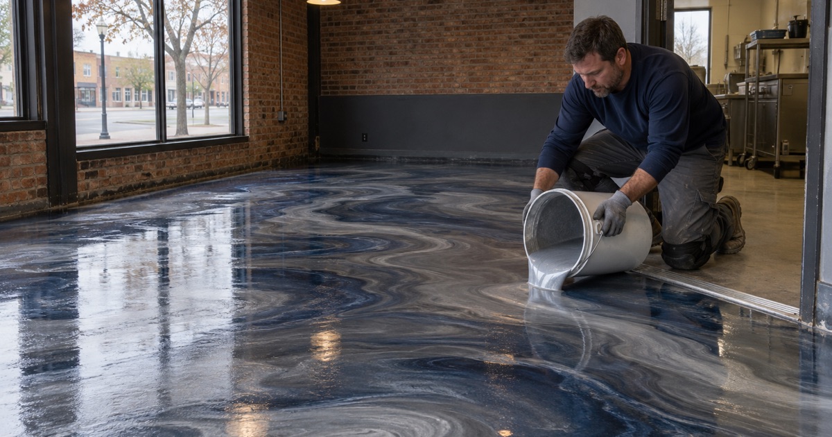 Silver and midnight blue metallic epoxy poured across a coffee shop floor on Oak Park Avenue in Tinley Park.