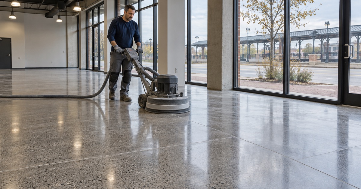 A walk-behind polisher bringing up the sheen on a polished concrete retail floor in downtown Tinley Park.